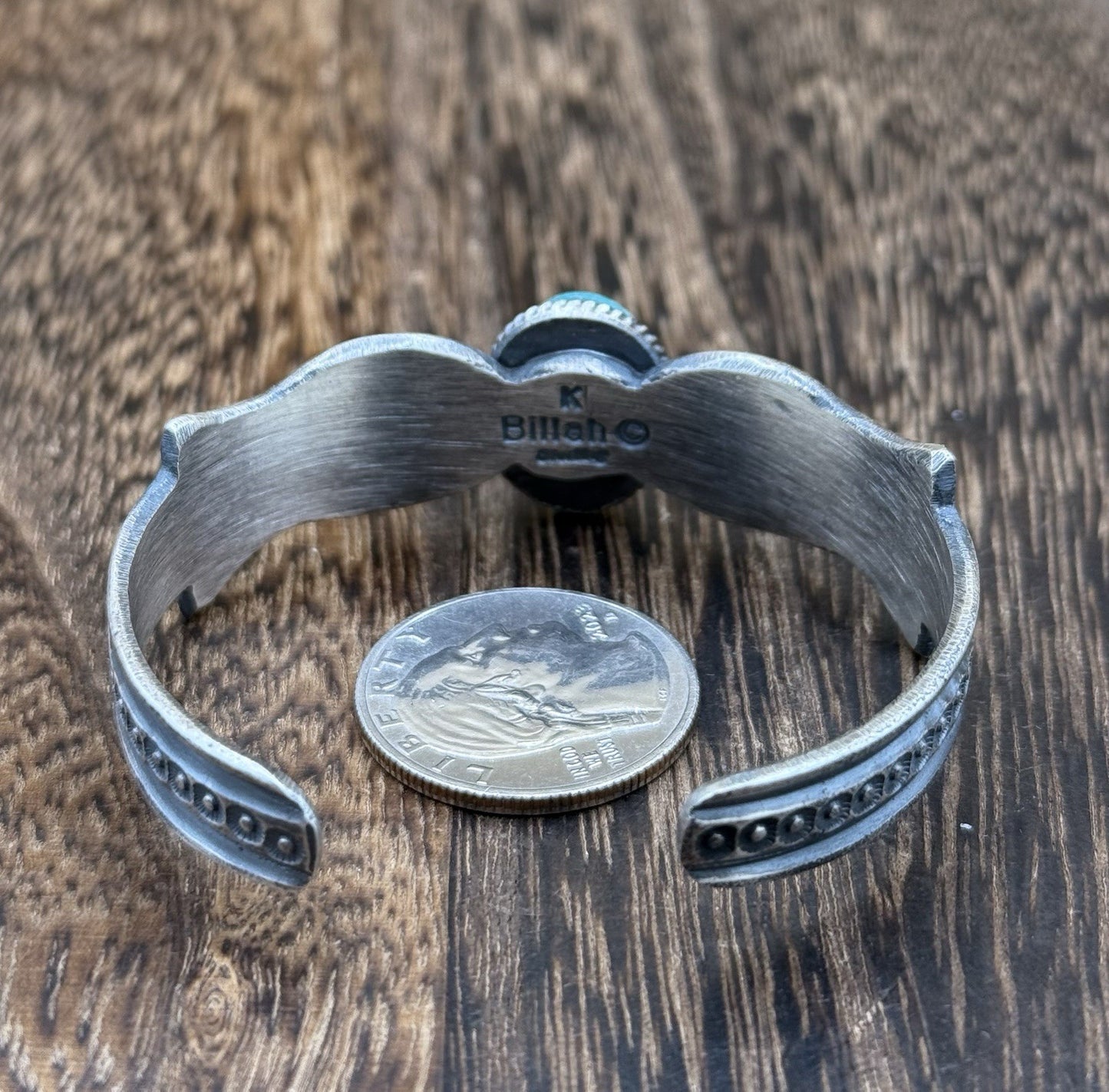 Navajo Handmade Sterling Silver Emerald Valley Turquoise Old look Cast Bracelet