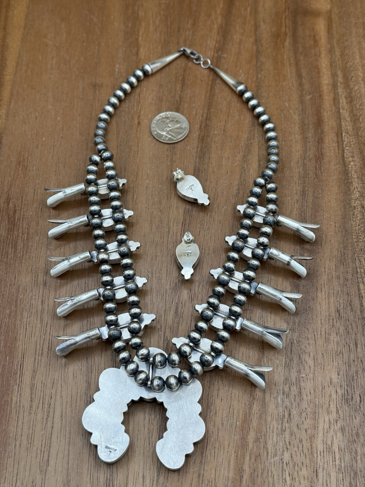 Navajo Handmade Sterling Silver Kingman Turquoise Squash Blossom Necklace 20”