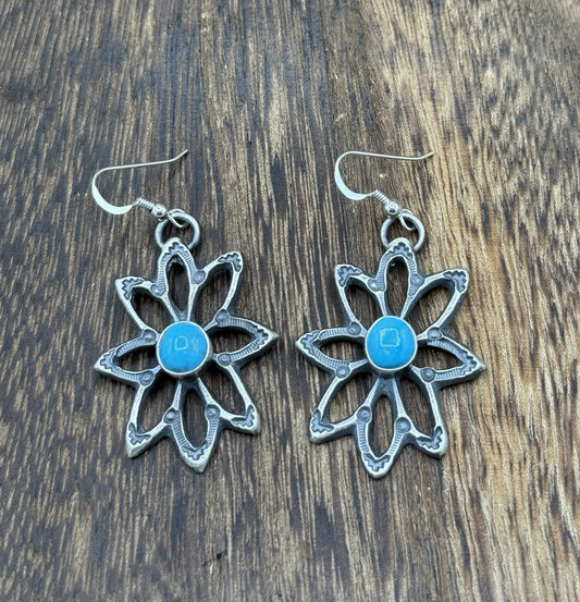 Navajo Handmade Sterling Silver Old Look Kingman Turquoise Earrings Kevin Billah