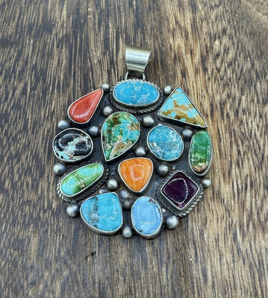 Navajo Handmade Sterling Silver Mixed Turquoise Spiny Large Cluster Pendant