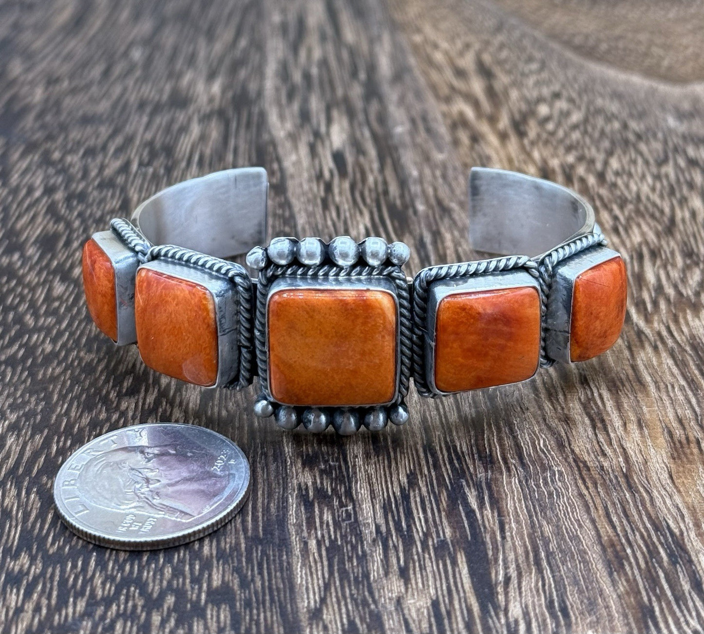 Native Navajo Handmade Sterling Silver Orange Spiny Oyster Shell Cuff Bracelet