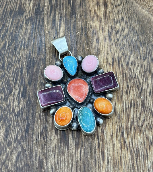 Navajo Handmade Sterling Silver Multi Color Turquoise Spiny Cluster Pendant Lg.