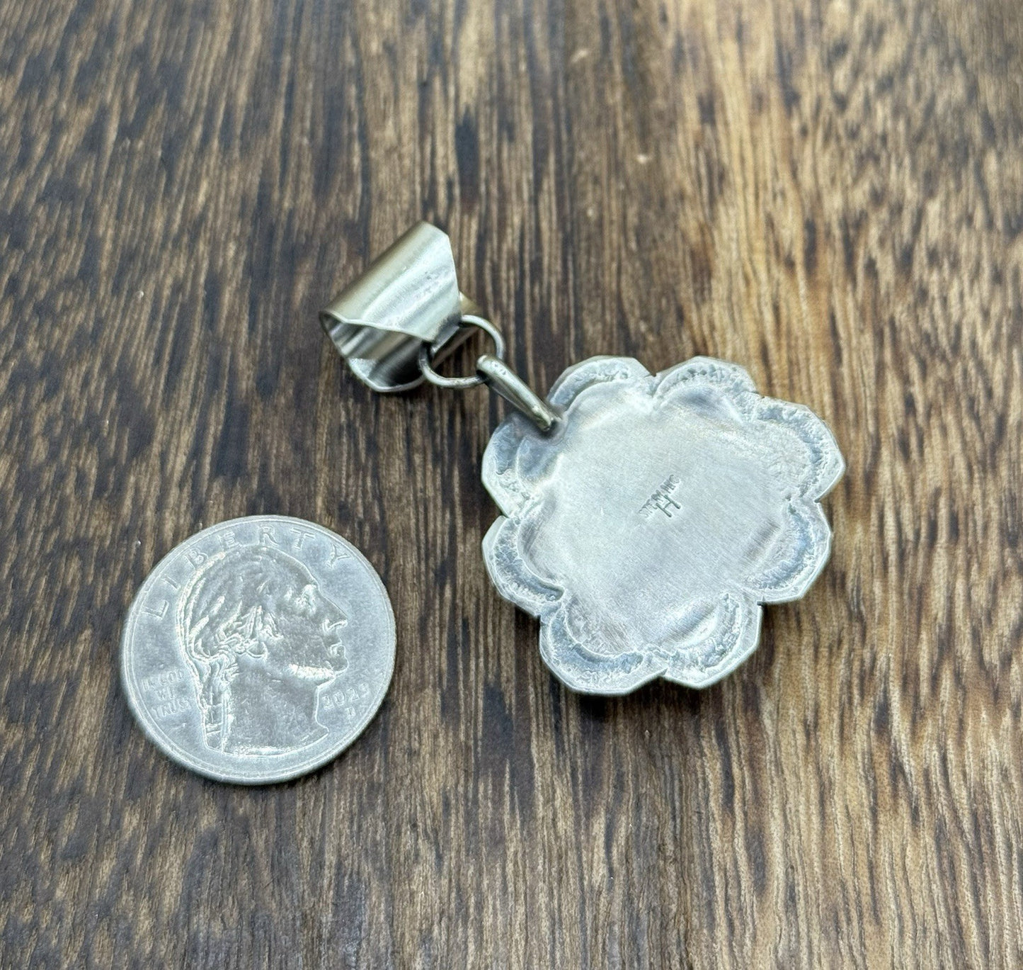 Navajo Handmade Sterling Silver Blue Bird Turquoise Stamped Design Drop Pendant