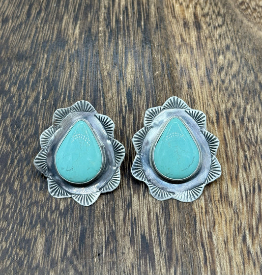 Navajo Handmade Sterling Silver Blue Glacier Turquoise Stamped Post Earrings