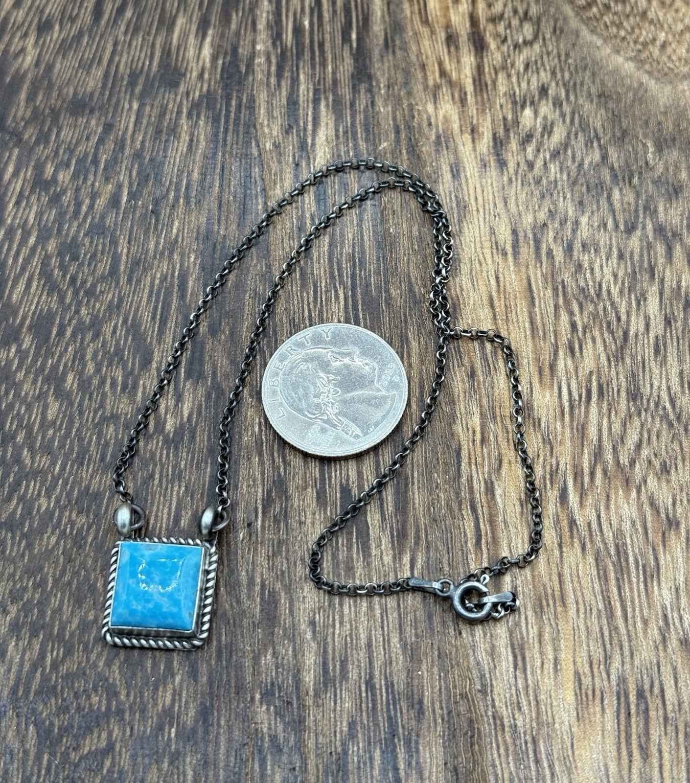 Native Navajo Handmade Silver Kingman Turquoise Cluster Bar Necklace 16”