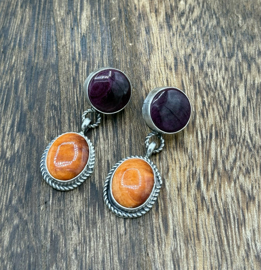 Navajo Handmade Sterling Silver Mixed Spiny Oyster Shell Post Dangle Earrings