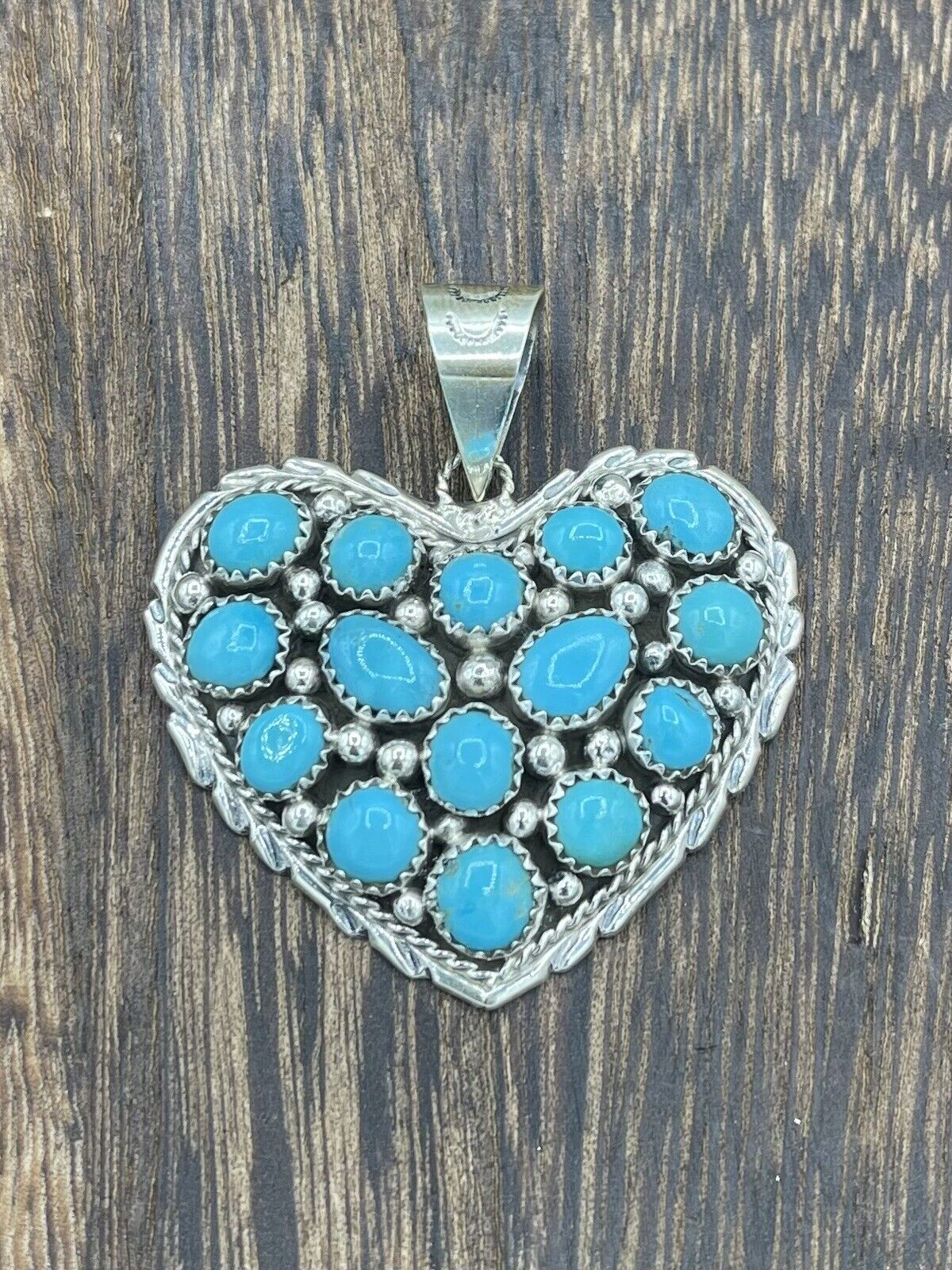 Native American Sterling Silver Navajo Handmade Natural Turquoise Heart Pendant