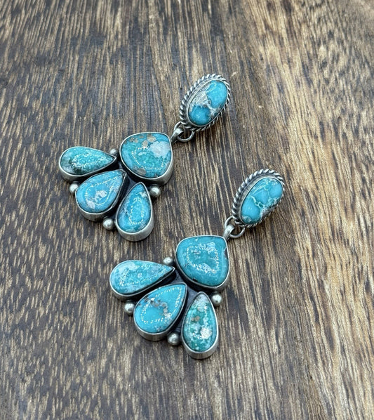 Navajo Handmade Sterling Silver Blue Bird Turquoise Cluster Post Dangle Earrings