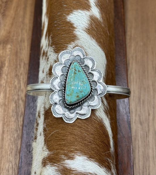 Native Navajo Handmade Sterling Silver Kingman Turquoise Cuff Stamped Bracelet