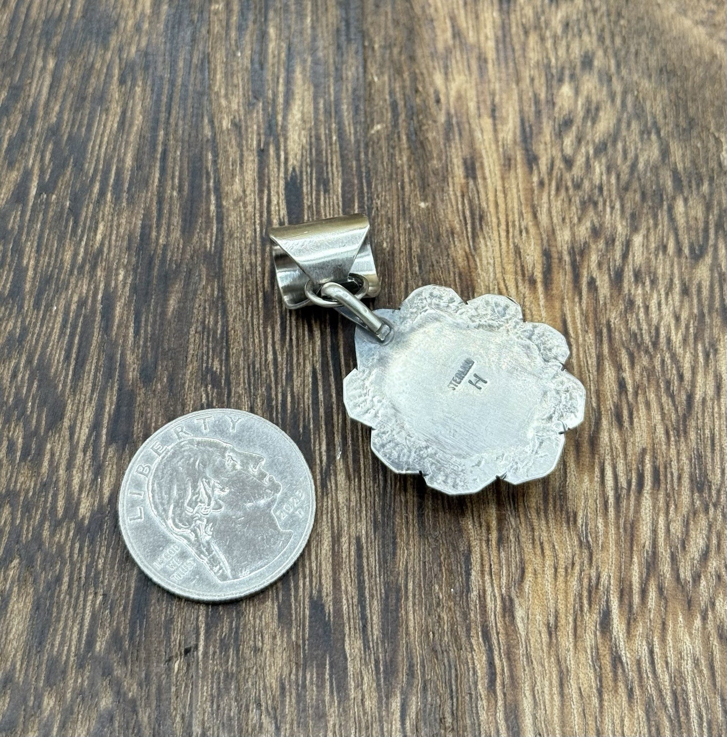 Navajo Handmade Sterling Silver Sonoran Gold Turquoise Stamped Drop Pendant