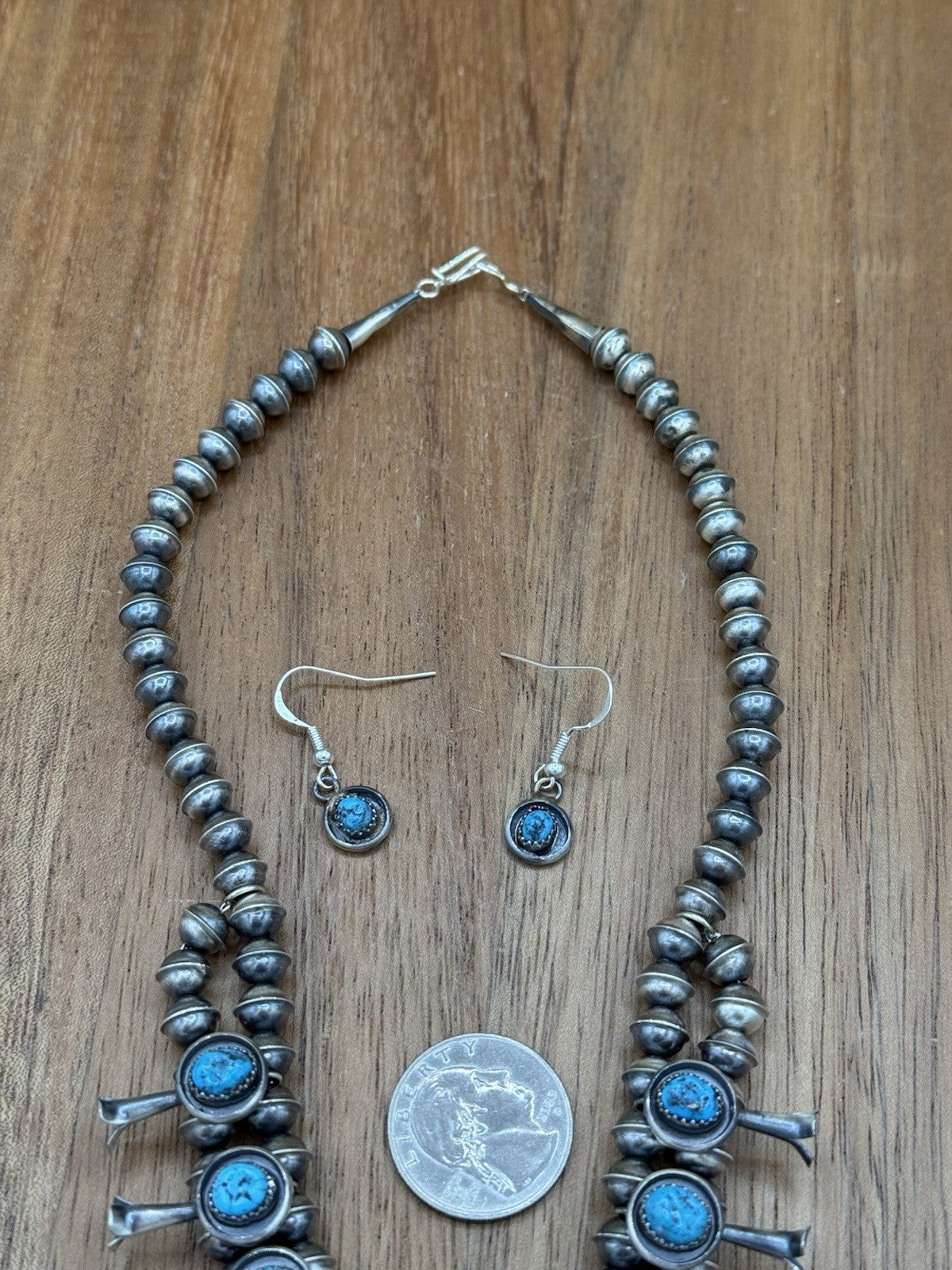 Navajo Handmade Sterling Silver Turquoise Shadowbox Squash Blossom Necklace 17”