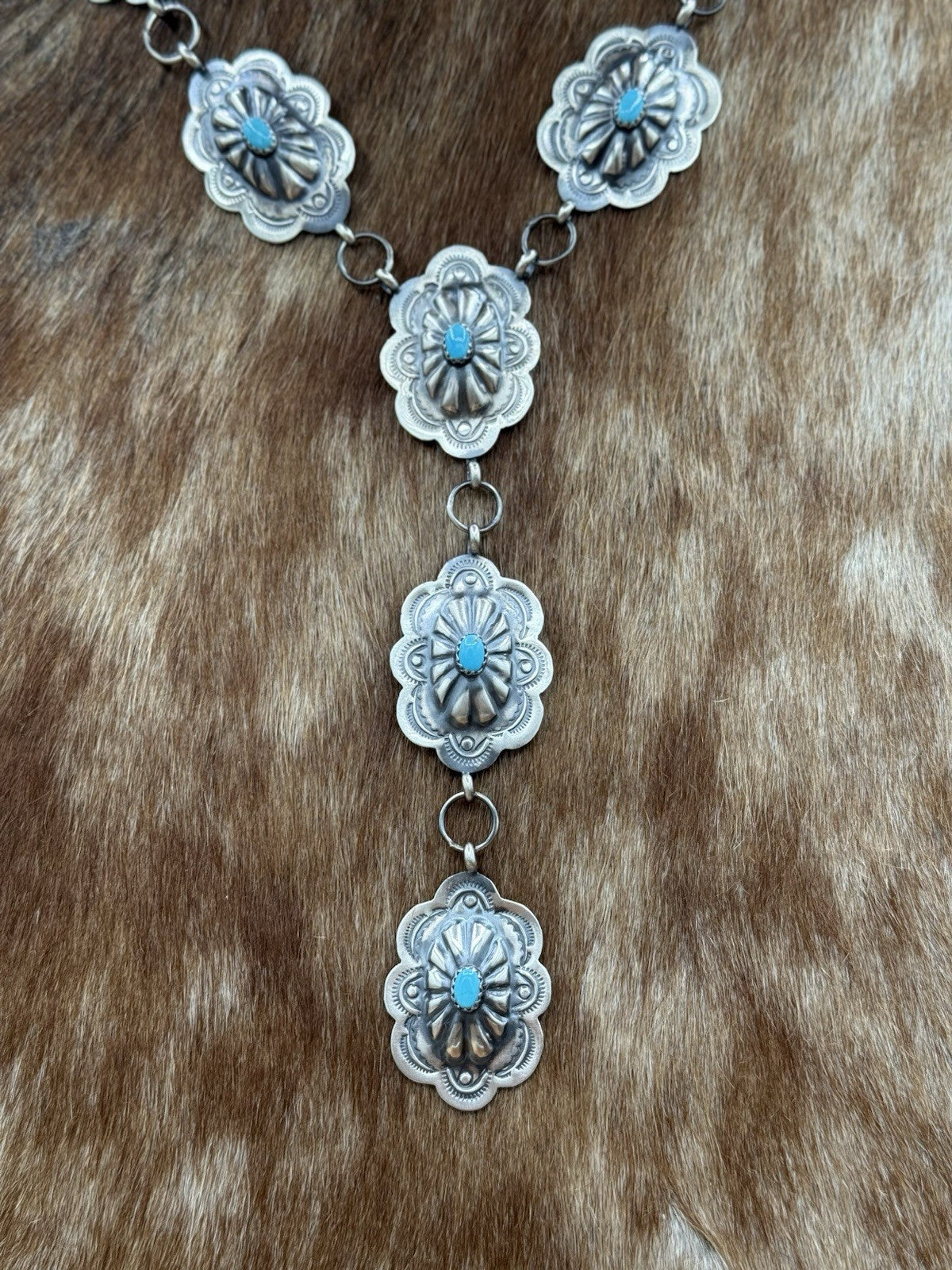Navajo Handmade Sterling Silver Stamped Concho Turquoise Lariat Necklace Set 20”
