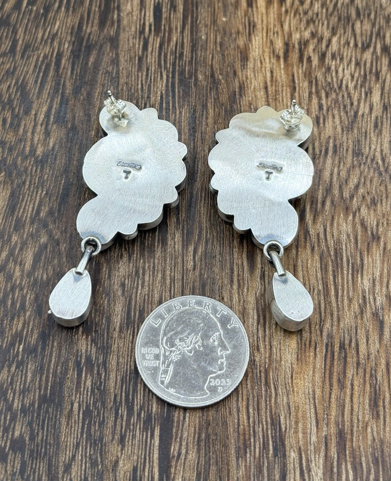 Navajo Handmade Sterling Silver Kingman Turquoise Half Cluster Drop Earrings