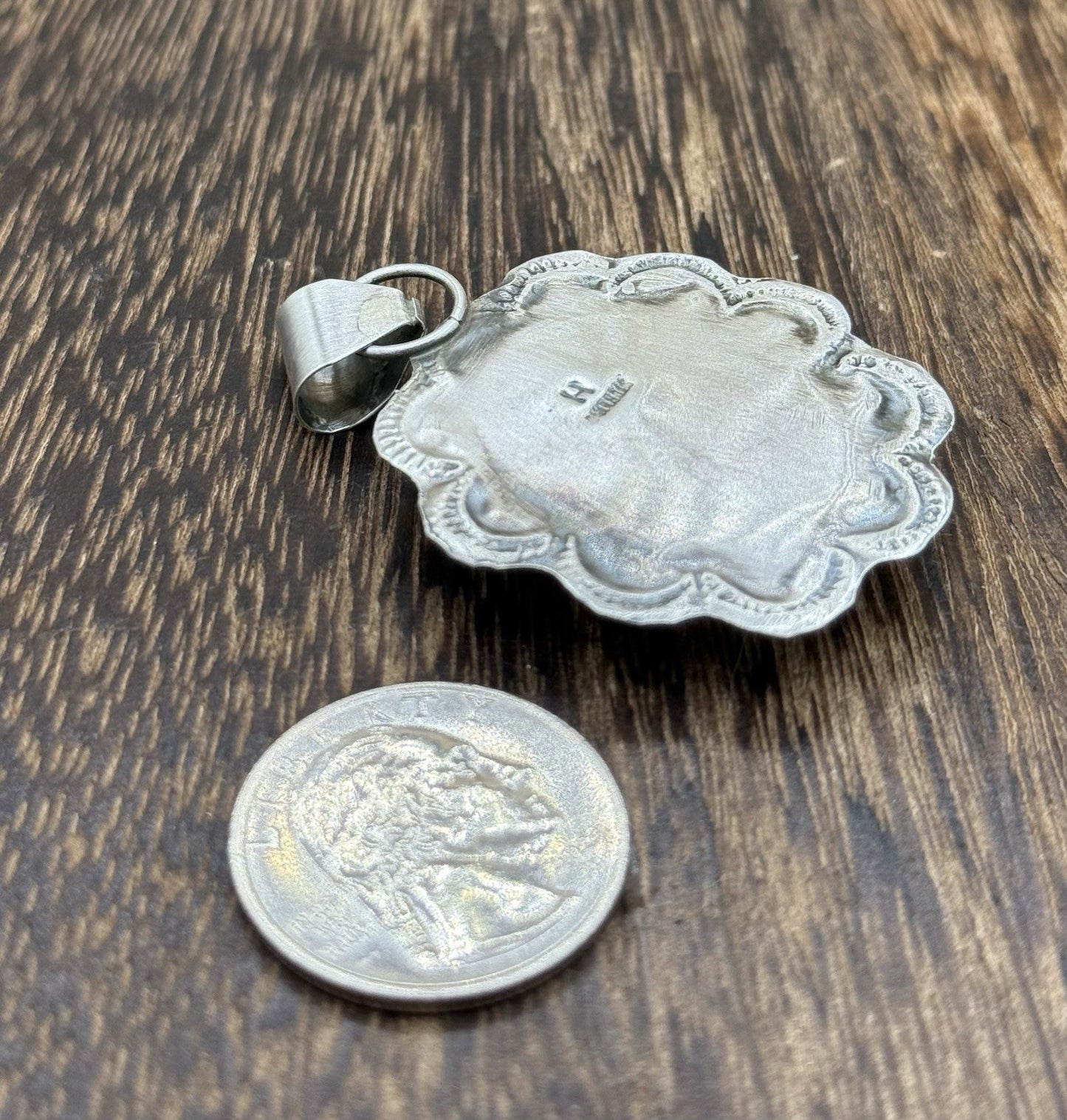 Navajo Handmade Sterling Silver Red Spiny Oyster Shell Stamped Drop Pendant