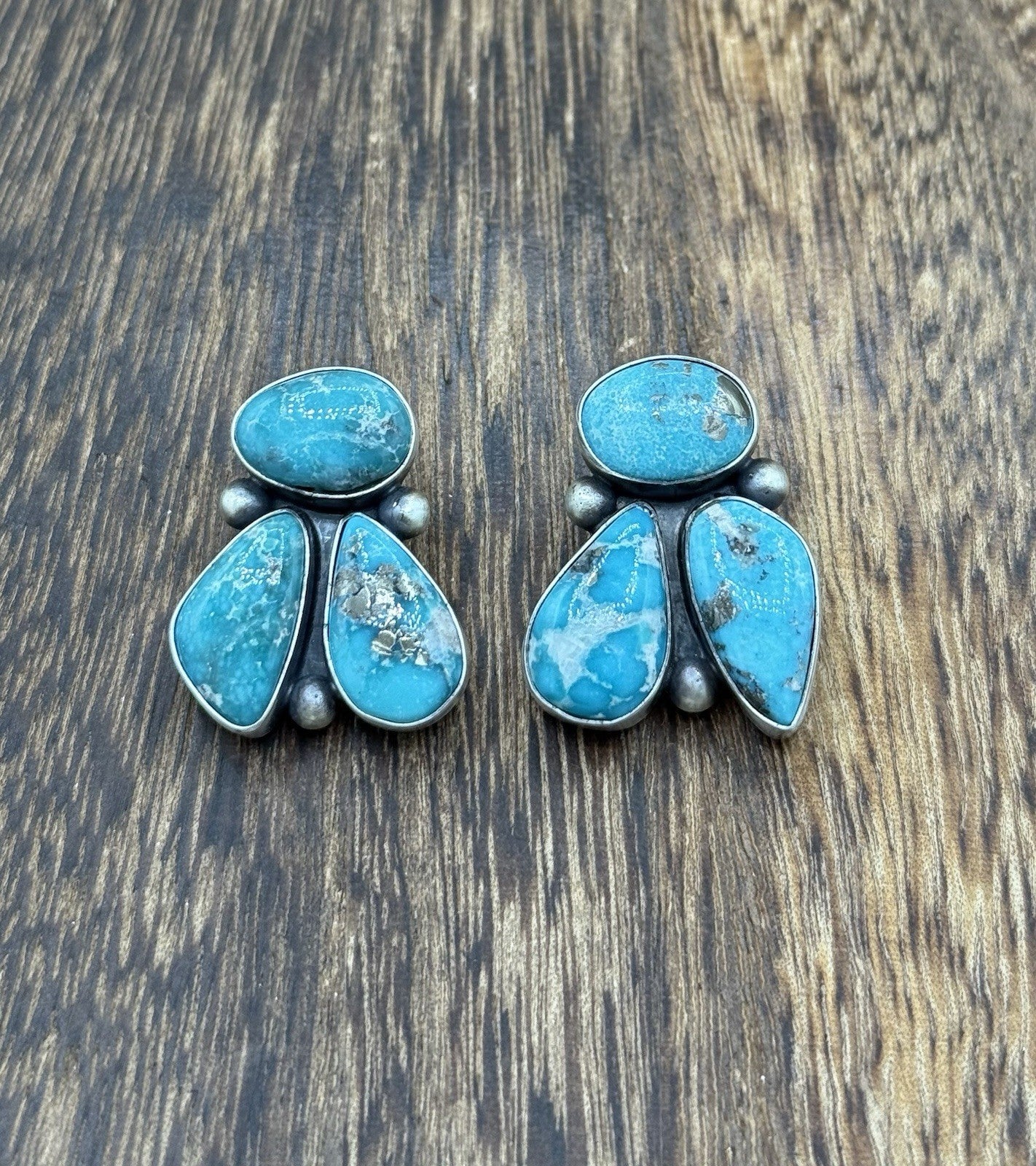 Navajo Handmade Sterling Silver White Water Turquoise Post Cluster Earrings