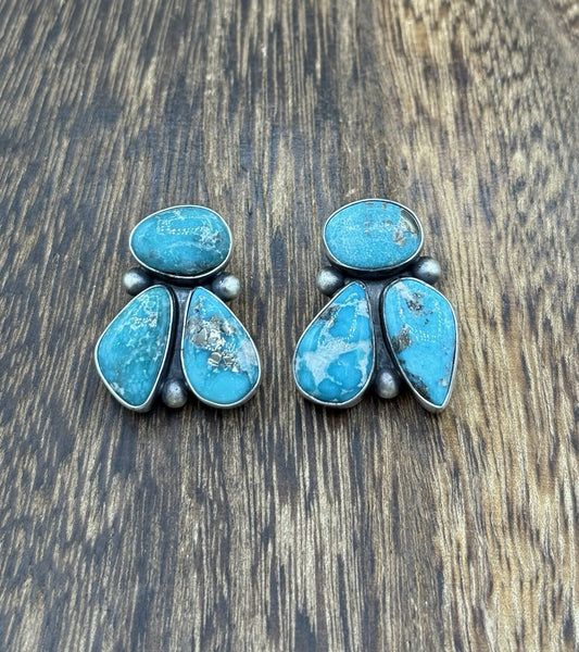 Navajo Handmade Sterling Silver White Water Turquoise Post Cluster Earrings