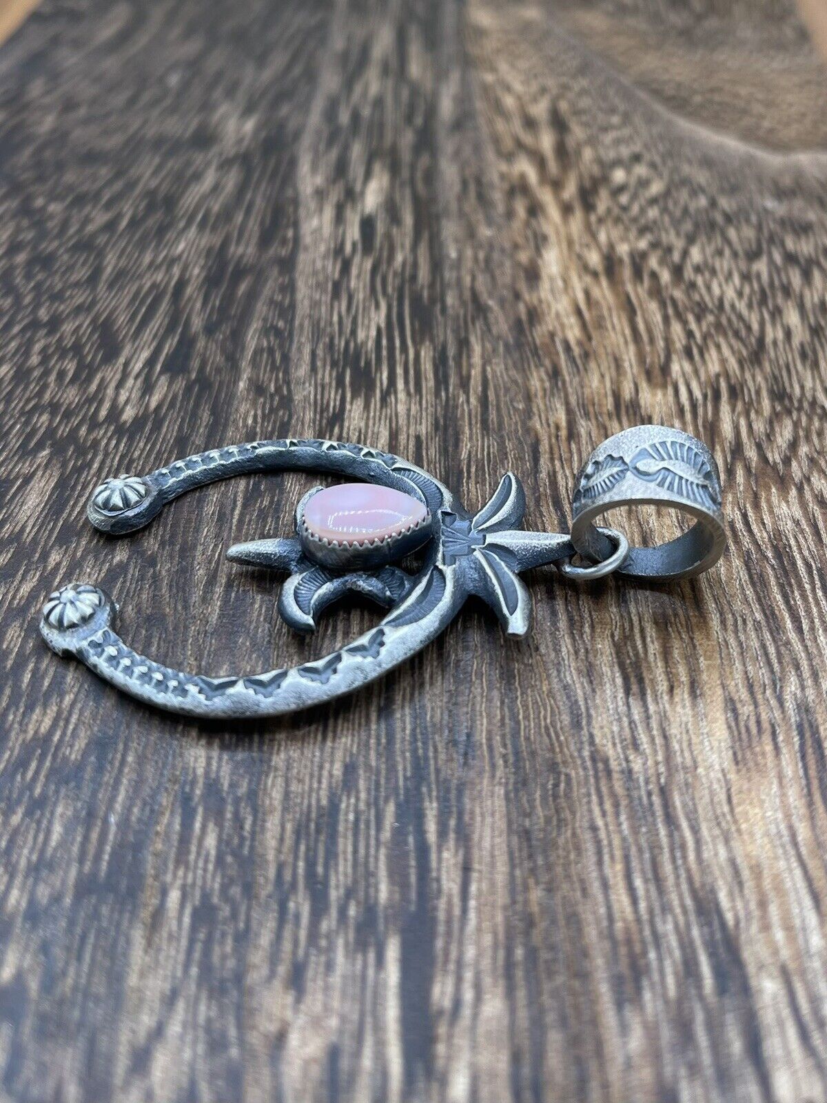 Native American Indian Navajo Handmade Silver Old Look Pink Concho Naja Pendant