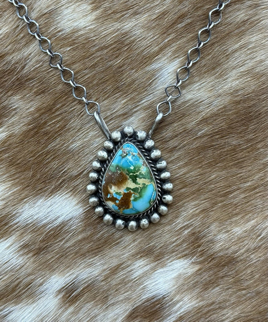 Native Navajo Handmade Sterling Silver Sonoran Gold Turquoise Necklace 18” Large