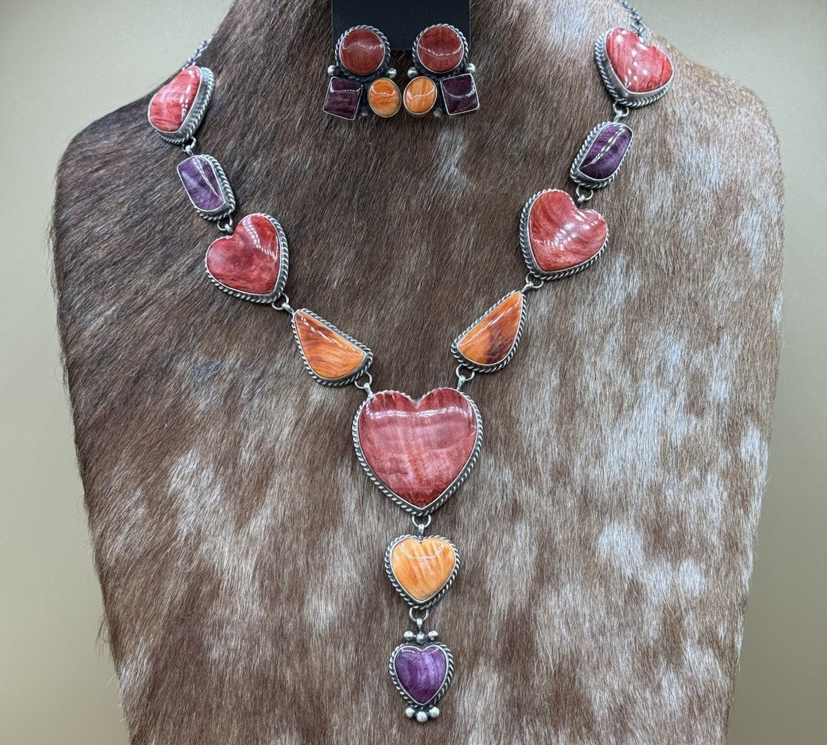 Navajo Handmade Sterling Silver Multi Spiny Oyster Shell Cluster Lariat Necklace