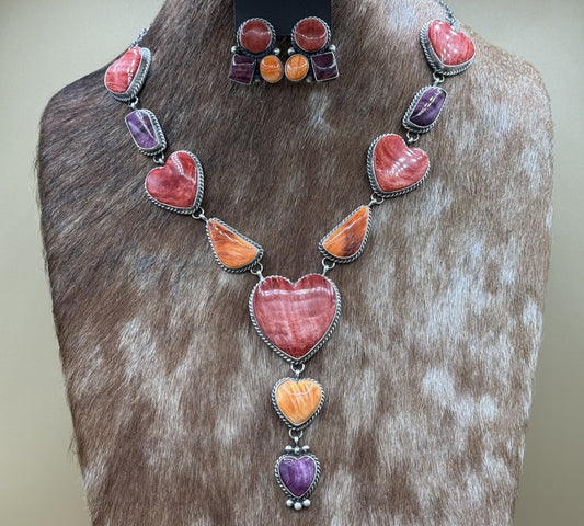 Navajo Handmade Sterling Silver Multi Spiny Oyster Shell Cluster Lariat Necklace