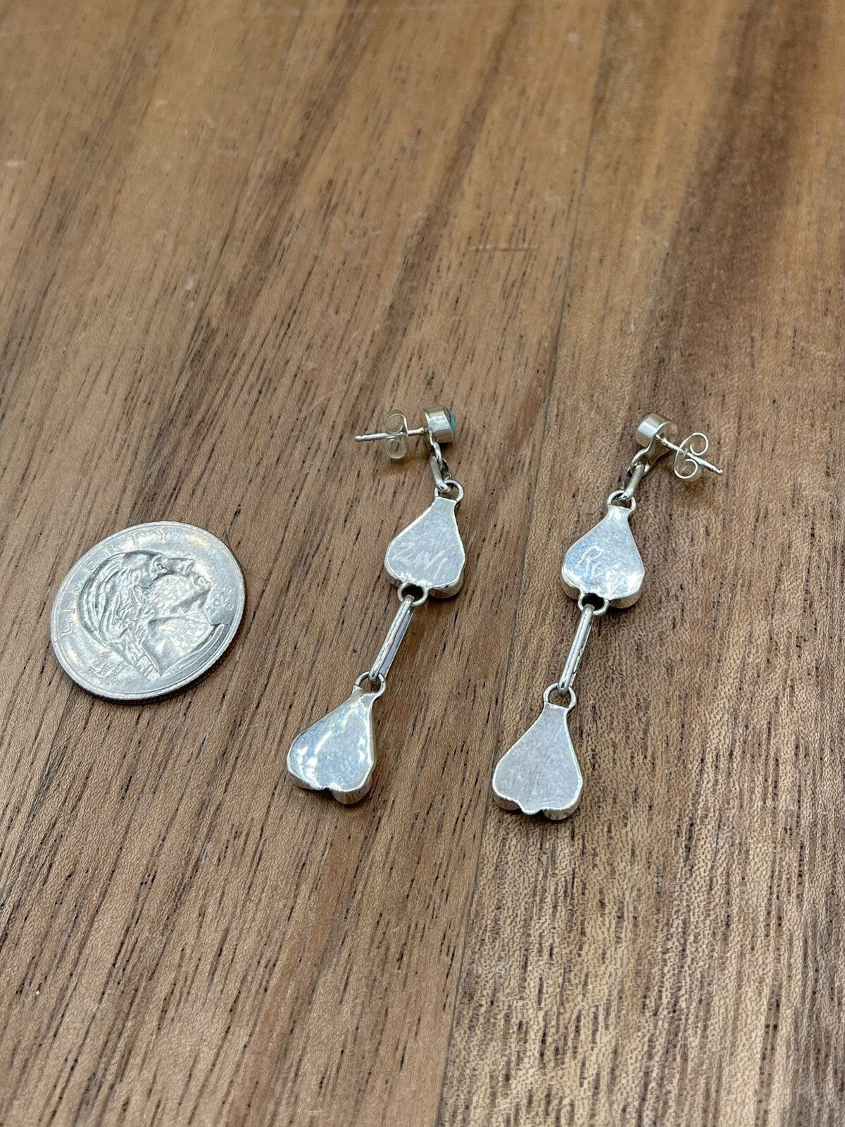 Native American Zuni Handmade Silver Inlay Turquoise Post Dangle Drop Earrings