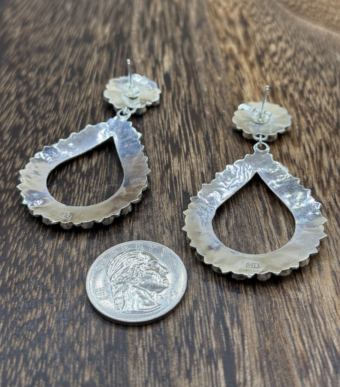 Navajo Handmade Sterling Silver Turquoise Cluster Post Drop earrings Large