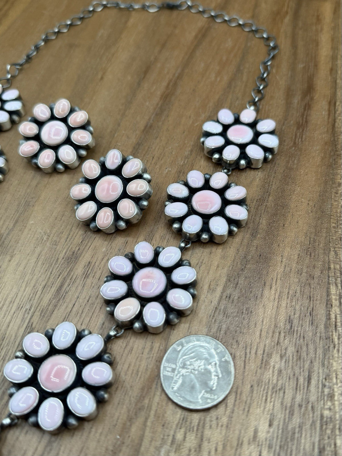 Navajo Handmade Sterling Silver Pink Conch Cluster Lariat Dangle Necklace 24”