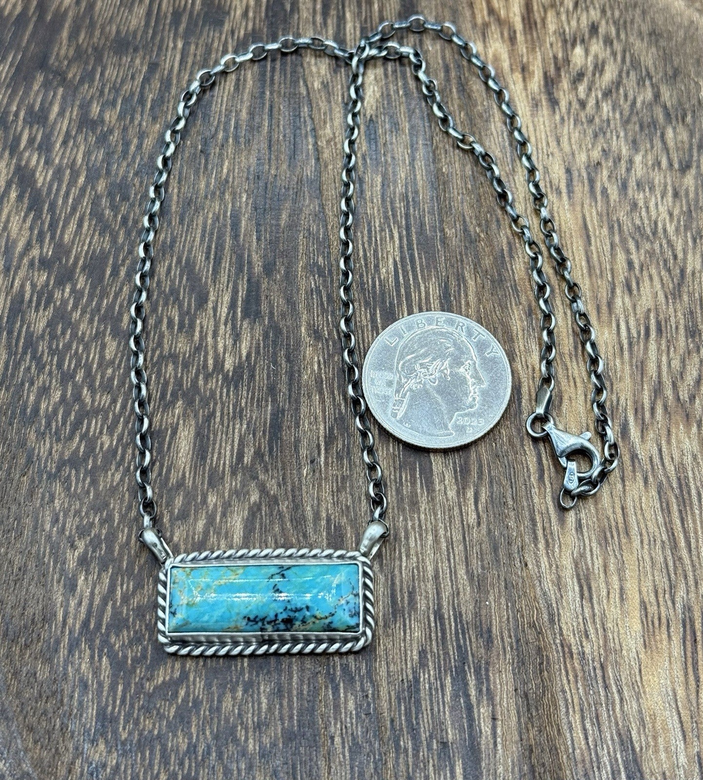 Native Navajo Handmade Sterling Silver Kingman Turquoise Bar Necklace 18”