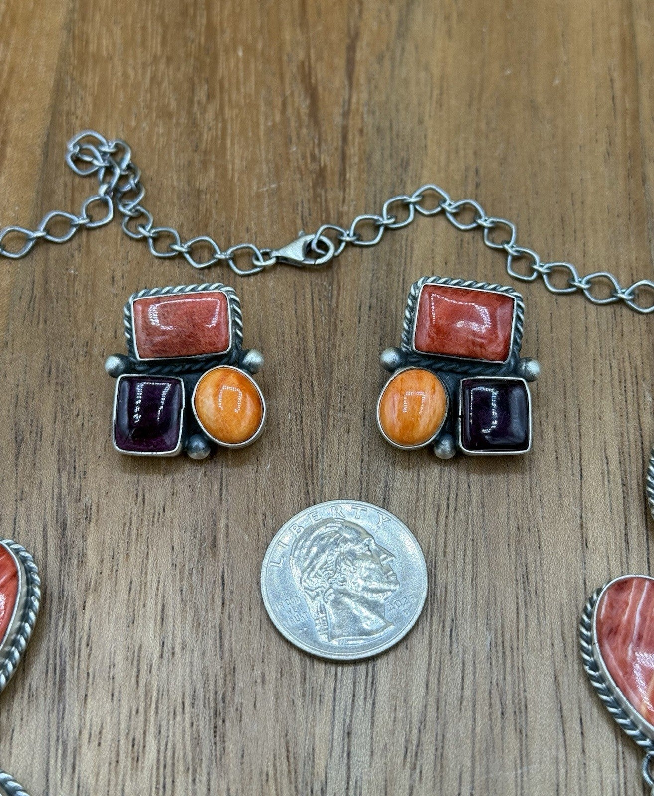 Navajo Handmade Sterling Silver Multi Spiny Oyster Shell Cluster Lariat Necklace