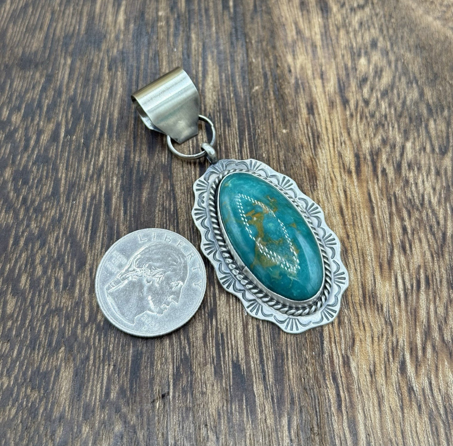 Navajo Handmade Sterling Silver Royston Turquoise Stamped Design Drop Pendant