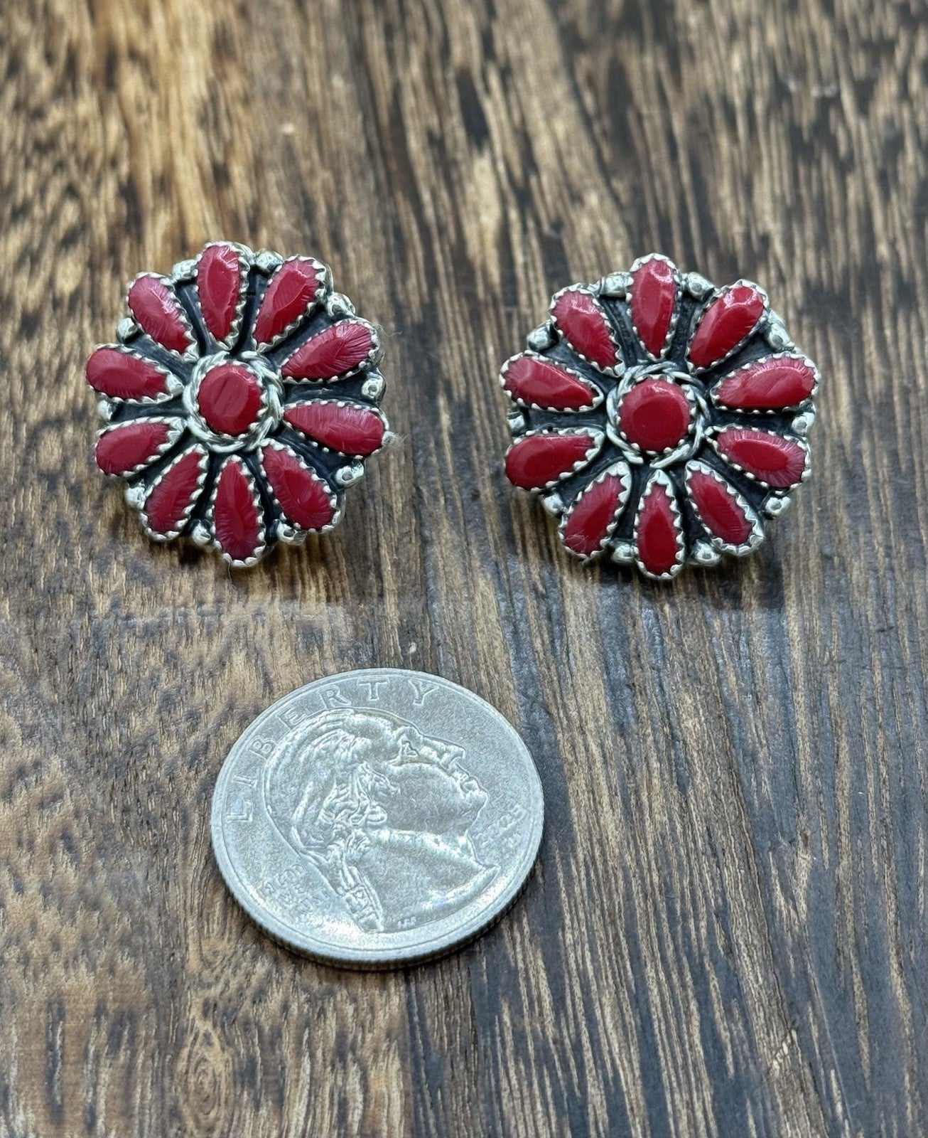 Native American Navajo Handmade Sterling Silver Red Coral Cluster Stud Earrings