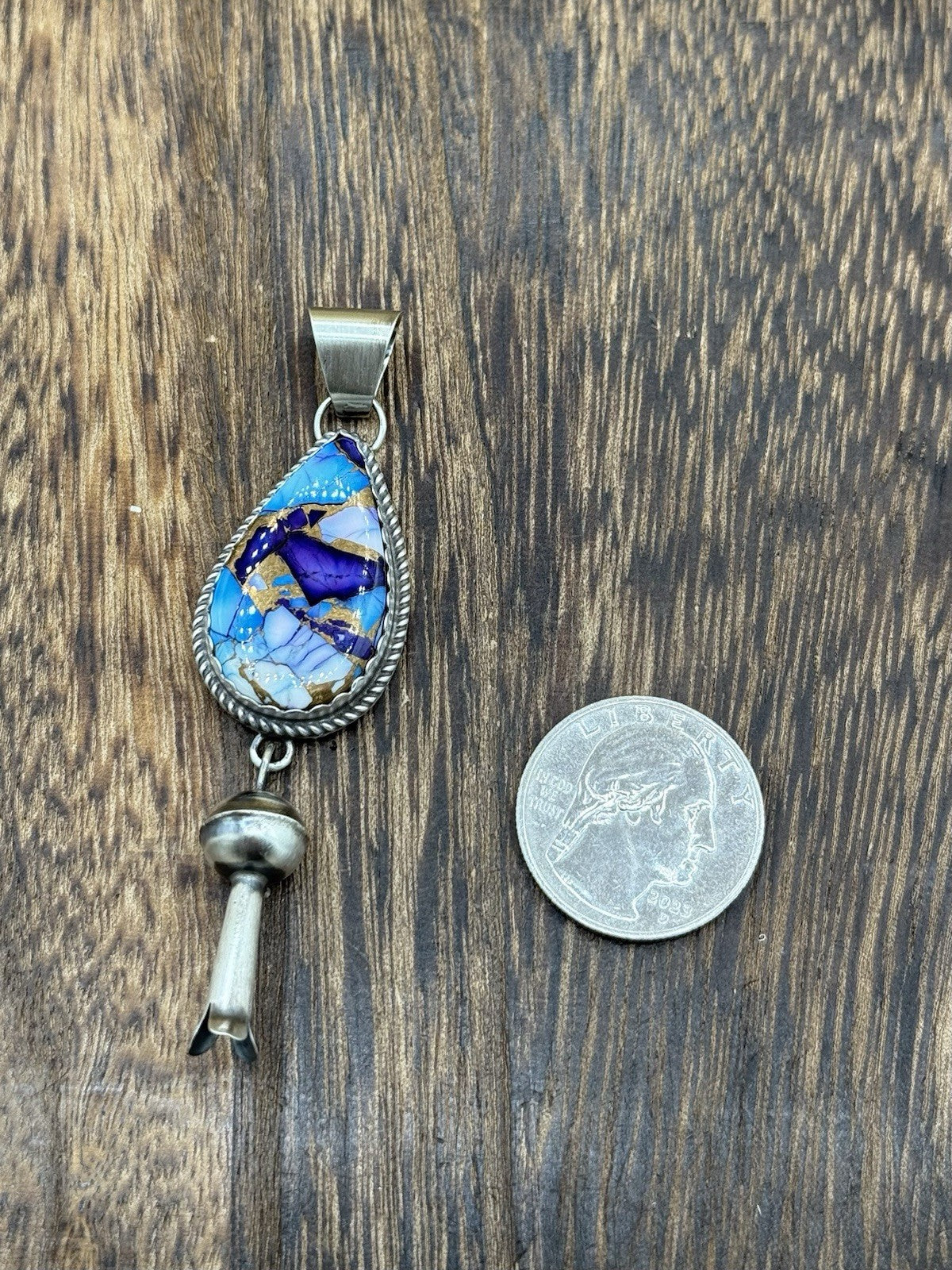 Navajo Handmade Sterling Silver Violet Rose & Blue Dahlia Dangle Blossom Pendant
