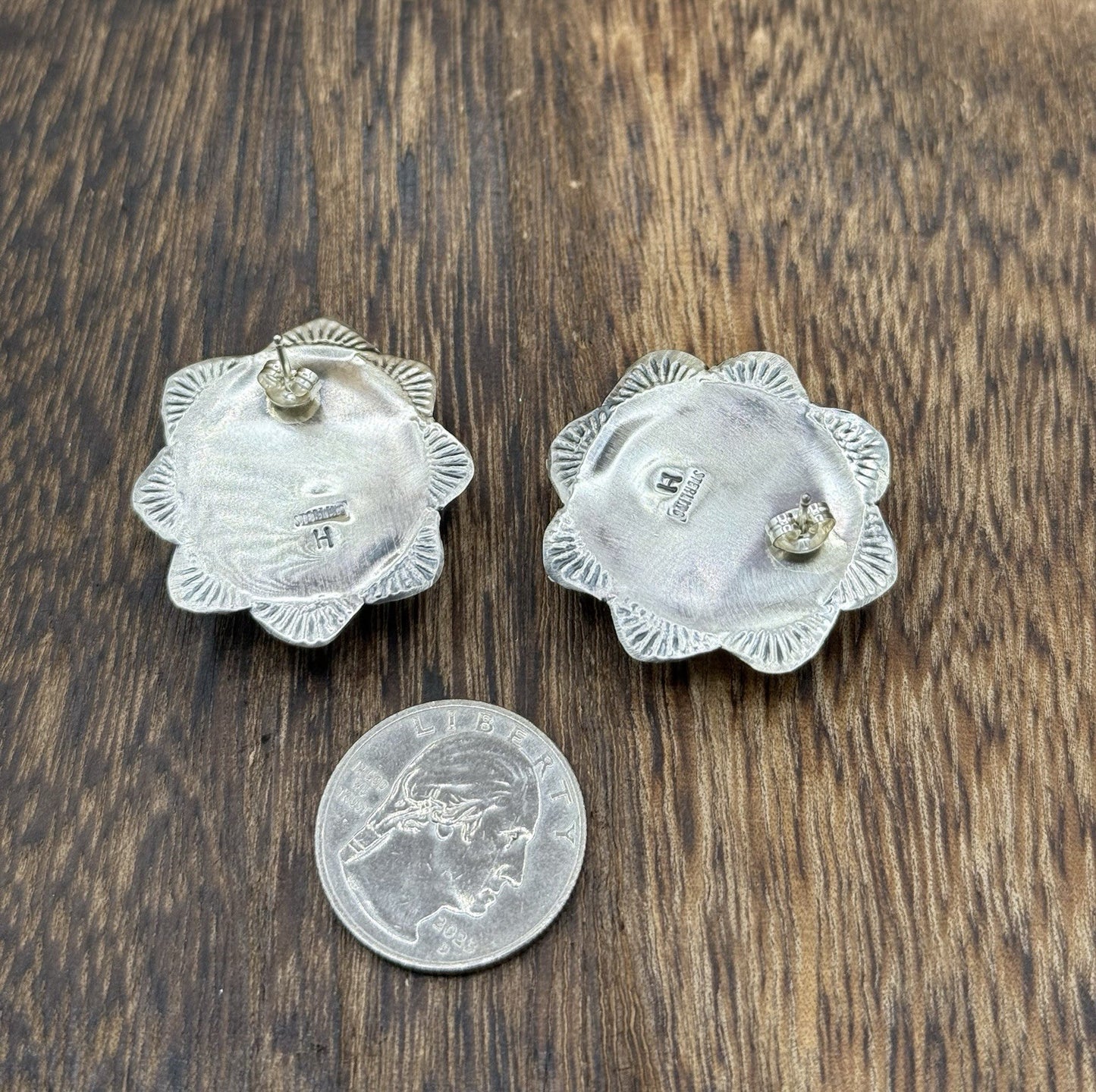 Navajo Handmade Sterling Silver Blue Glacier Turquoise Stamped Post Earrings