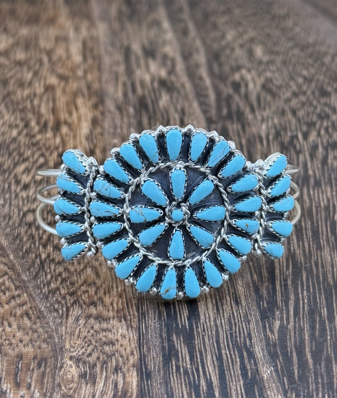 Native American Navajo Handmade Sterling Silver Turquoise Cluster Cuff Bracelet