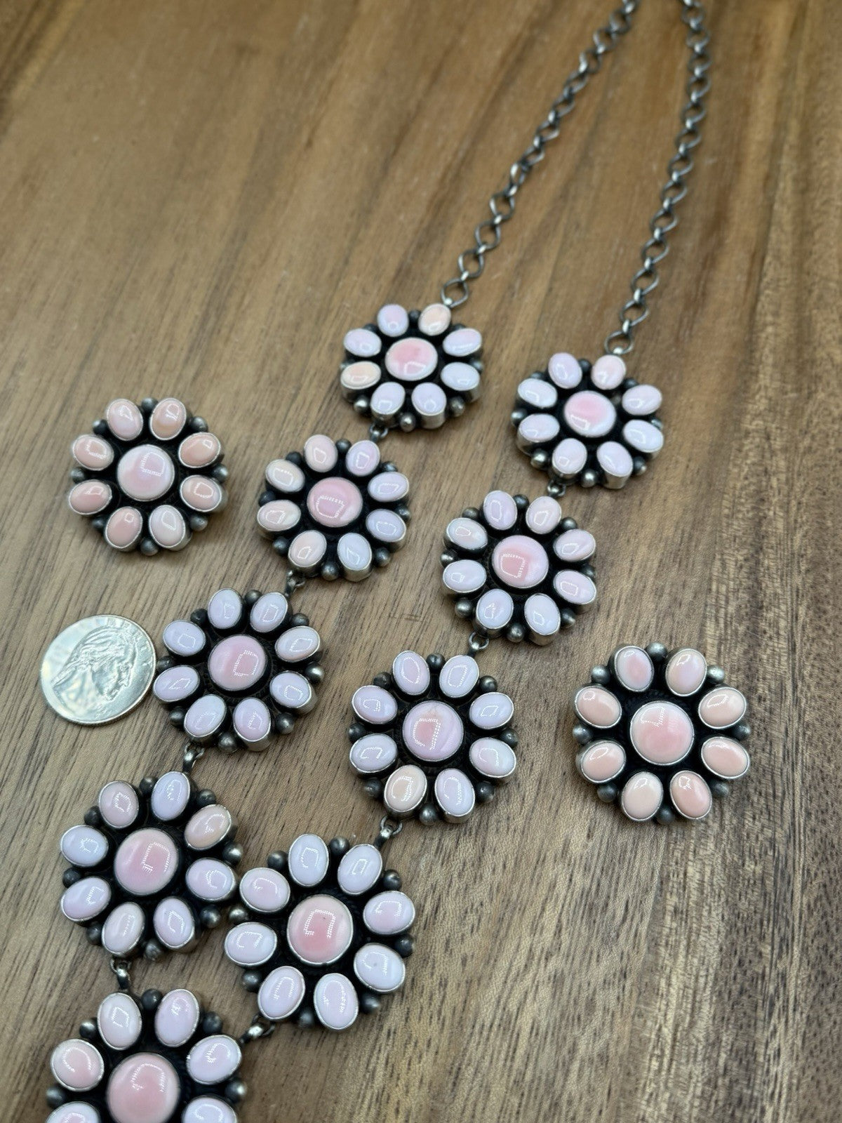Navajo Handmade Sterling Silver Pink Conch Cluster Lariat Dangle Necklace 24”