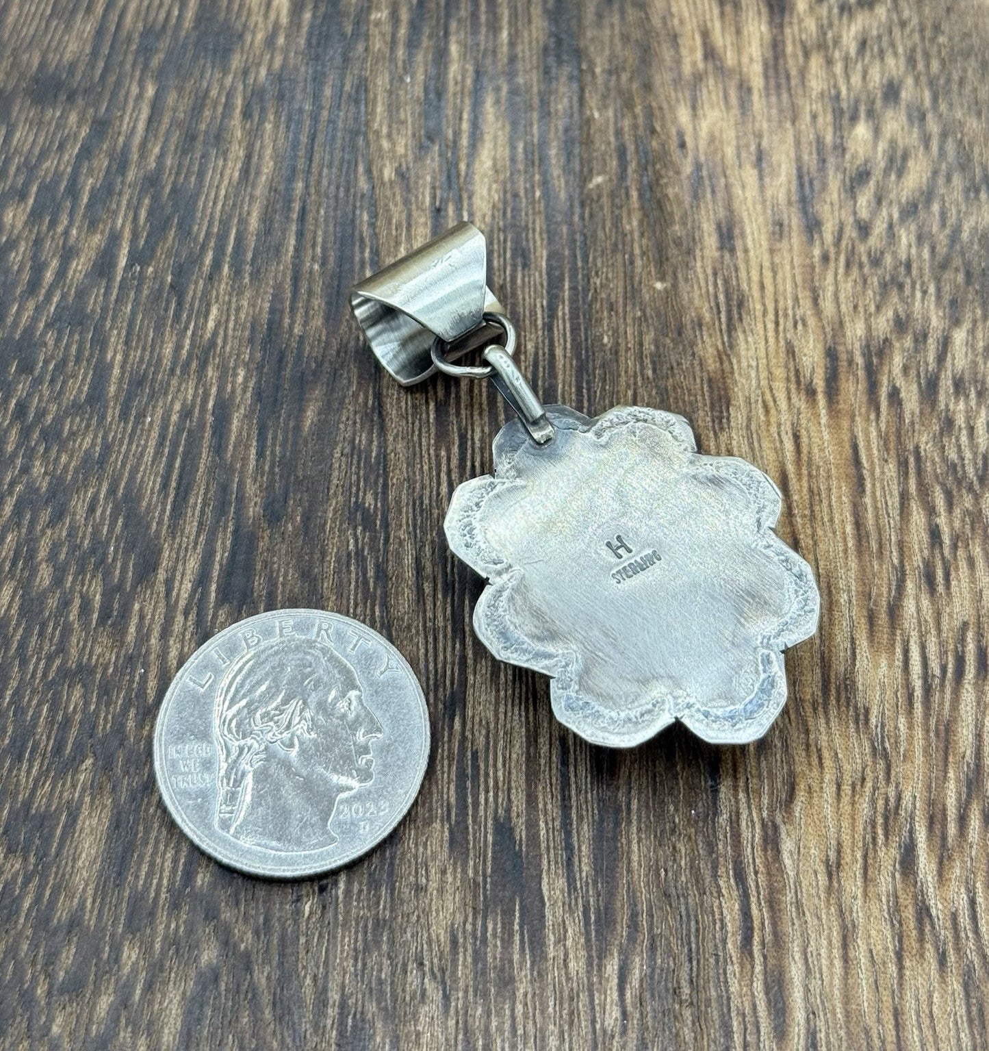 Navajo Handmade Sterling Silver Blue Bird Turquoise Stamped Design Drop Pendant