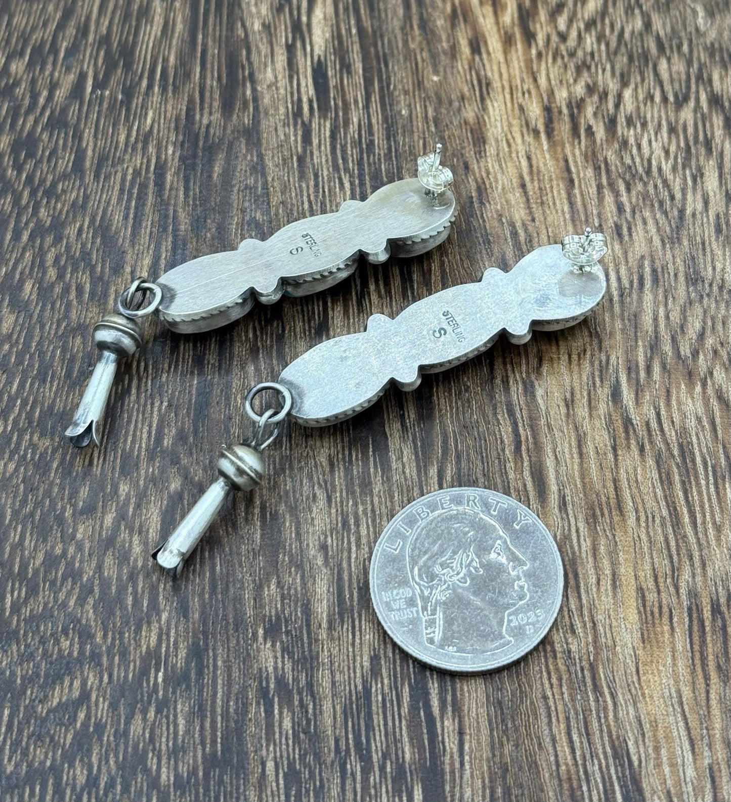 Navajo Handmade Sterling Silver Kingman Turquoise Blossom Post Dangle Earrings