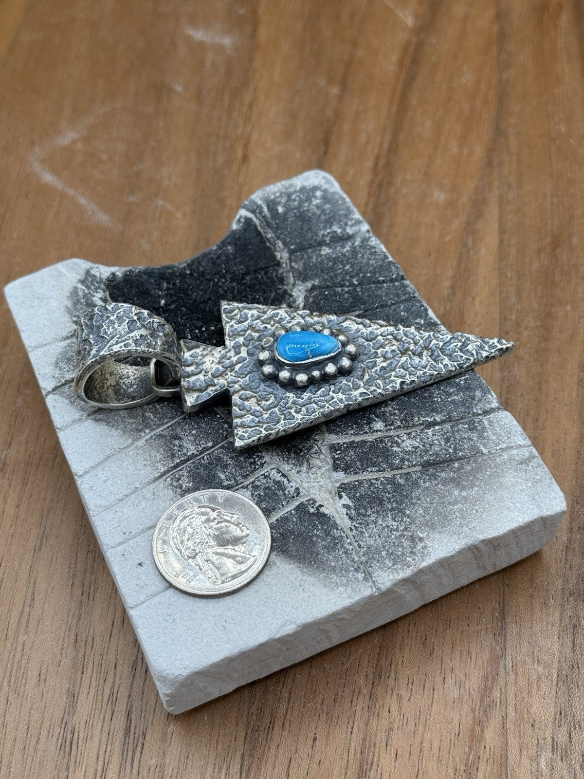 Navajo Silver Blue Ridge Turquoise Arrowhead Pendant Tufa Cast By Merle House