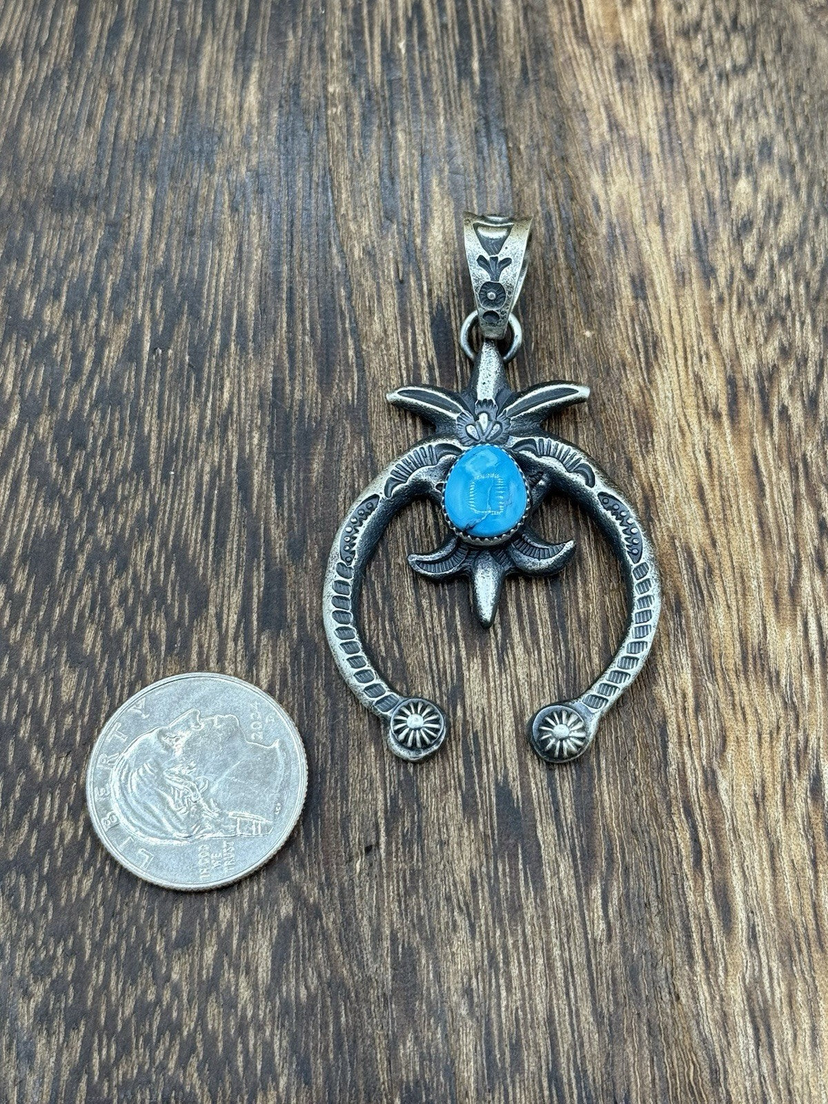 Native American Navajo Handmade Silver Old Look Kingman Turquoise Naja Pendant