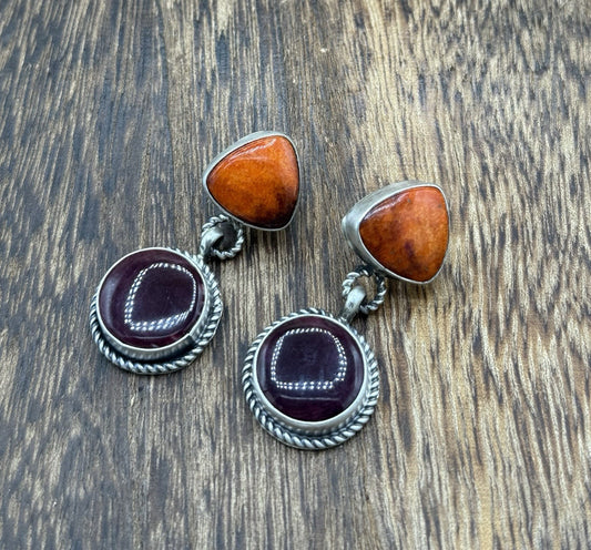 Navajo Handmade Sterling Silver Mixed Spiny Oyster Shell Post Dangle Earrings