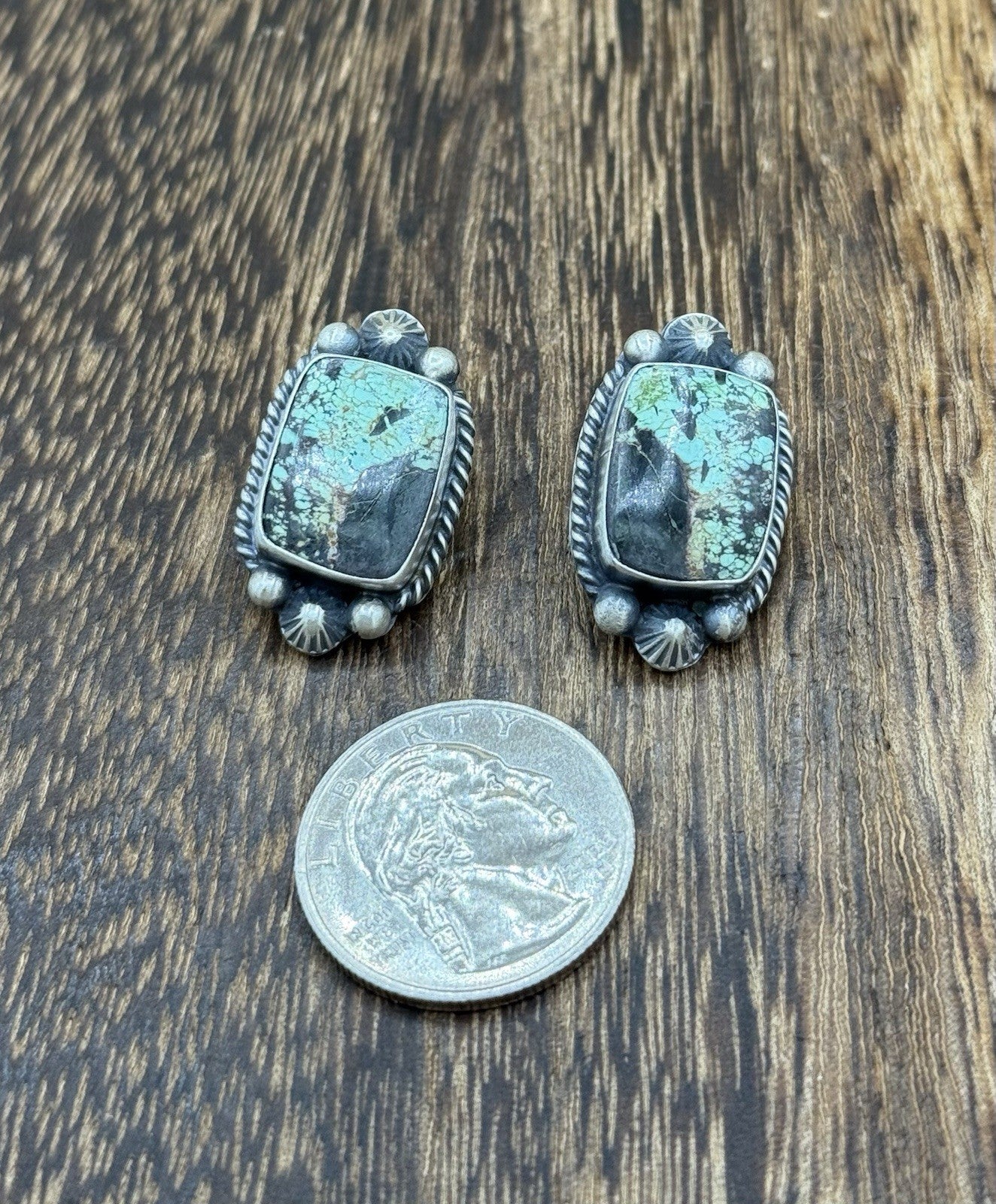 Navajo Handmade Sterling Silver Blackjack Turquoise Old Look Post Stud Earrings
