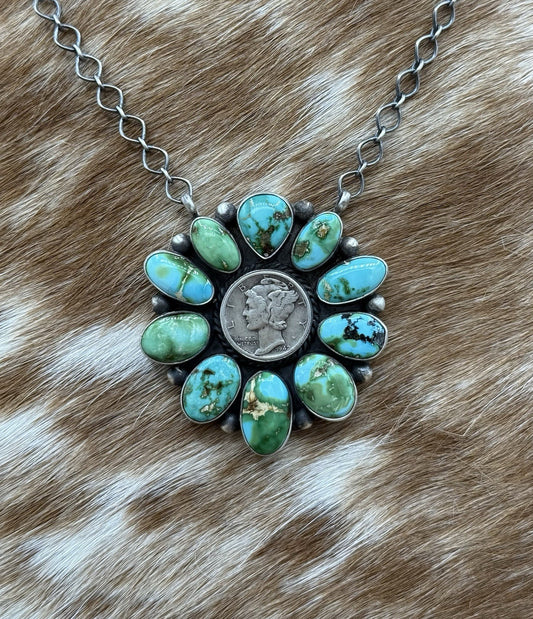 Navajo Handmade Silver Sonoran Gold Turquoise Liberty Coin Cluster Necklace 18”