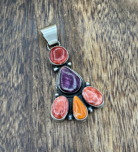 Native Navajo Handmade Sterling Silver Multi Spiny Oyster Shell Cluster Pendant