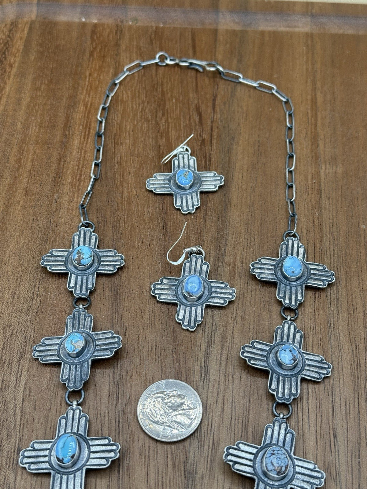 Navajo Handmade Sterling Silver Golden Hills Turquoise Longhorn Zia Necklace Set