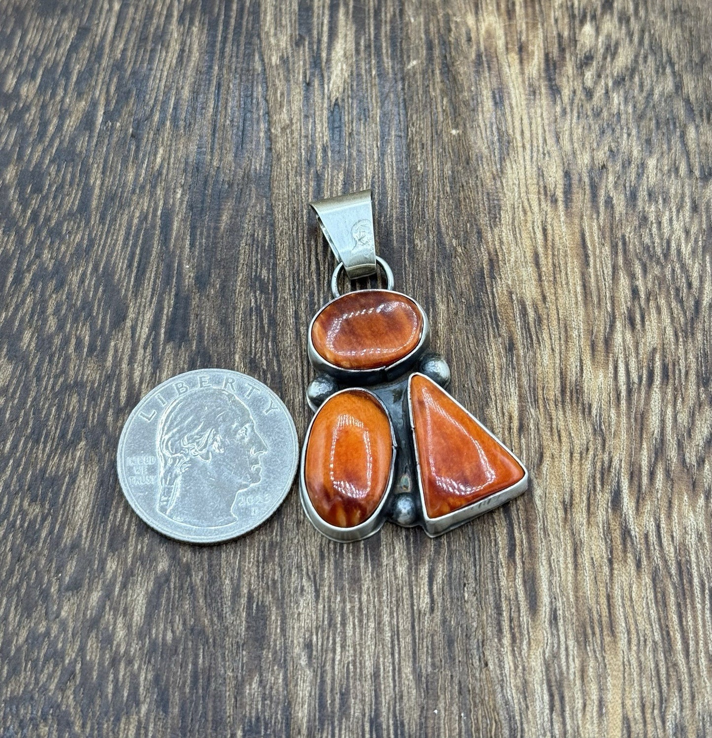 Navajo Handmade Sterling Silver Orange Spiny Oyster Shell Cluster Drop Pendant