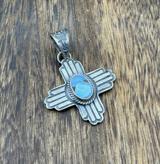 Navajo Handmade Sterling Silver Old Look Golden Hills Turquoise Zia Pendant