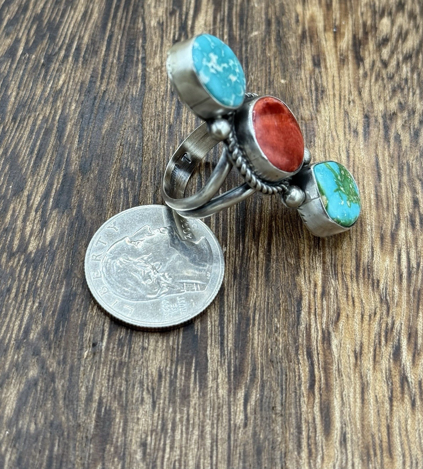 Native Navajo Handmade Sterling Silver Mixed Stone Turquoise Cluster Ring Size 9
