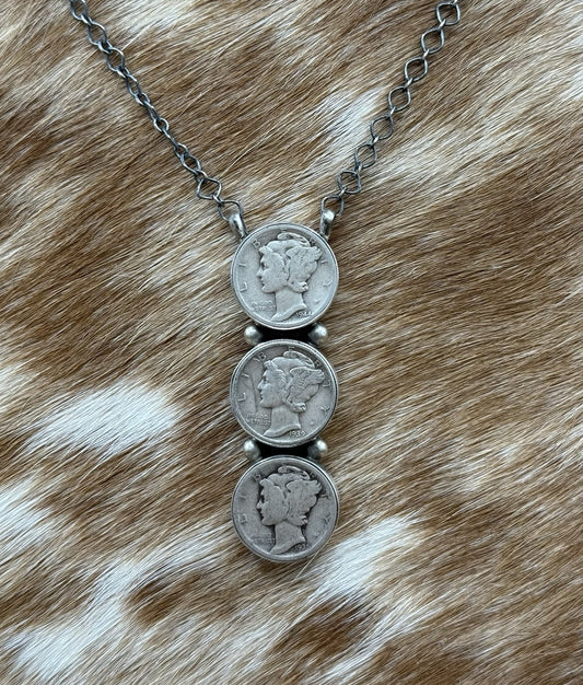 Navajo Handmade Sterling Silver Liberty Dime Cluster Bar Lariat Necklace 18”