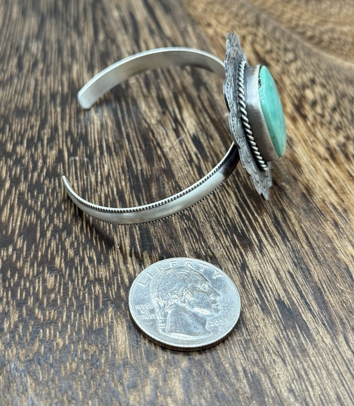 Native Navajo Handmade Sterling Silver Kingman Turquoise Cuff Stamped Bracelet