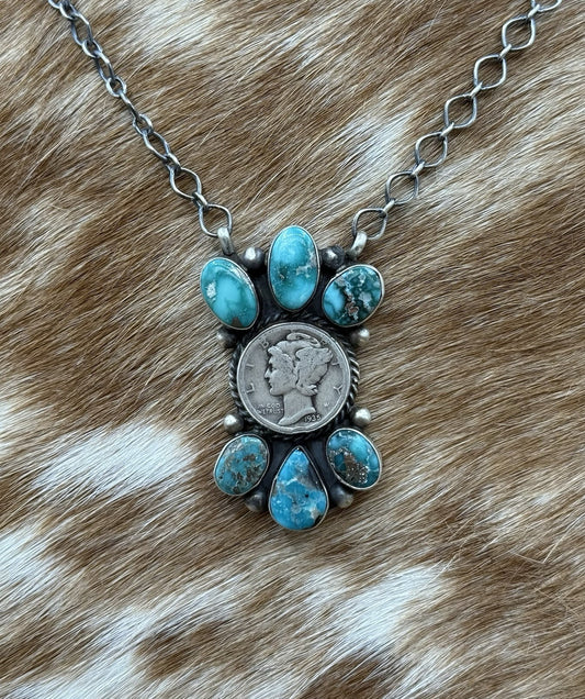 Navajo Handmade Silver White Water Turquoise Liberty Coin Cluster Necklace 18”